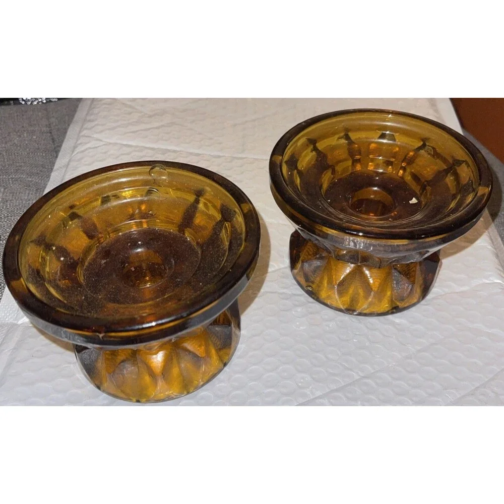 Vintage Antique Amber Glass Pedestal MULTI TYPE Candle Holder -Orig Sticker
